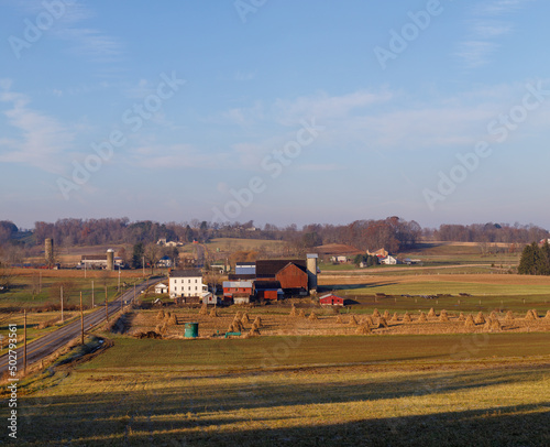 Amish Farm and Corn Fields in a Valley Under a Blue Sky in the Late Afternoon | Holmes County, Ohio