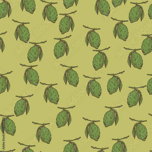 Seamless pattern lemon on branch with leaves engraving. Vintage background of citrus fruits in hand drawn style.