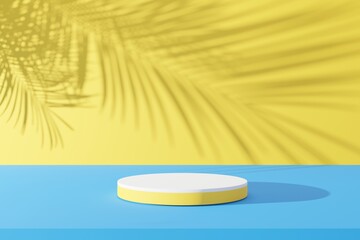 Podium and palm leaf shadow on yellow wall abstract background. Copy space of product presentation and tropical summer concept.