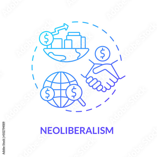 Neoliberalism blue gradient concept icon. Free international market and trading relationship abstract idea thin line illustration. Isolated outline drawing. Myriad Pro-Bold font used