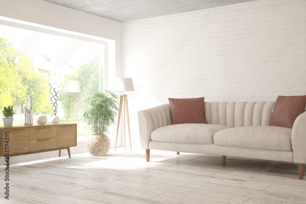 Fototapeta premium White living room with sofa and summer landscape in window. Scandinavian interior design. 3D illustration
