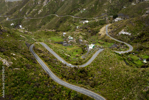 Winding mountain road on the green part of Tenerife island, Spain. Top aerial view.