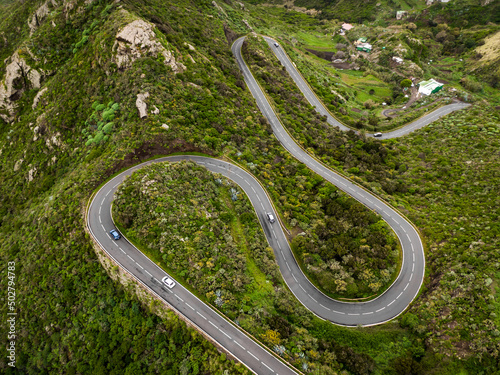 Bild auf Leinwand Winding mountain road on the green part of Tenerife island, Spain