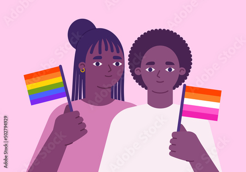 Pride month celebration. Women holding LGBTQI flag