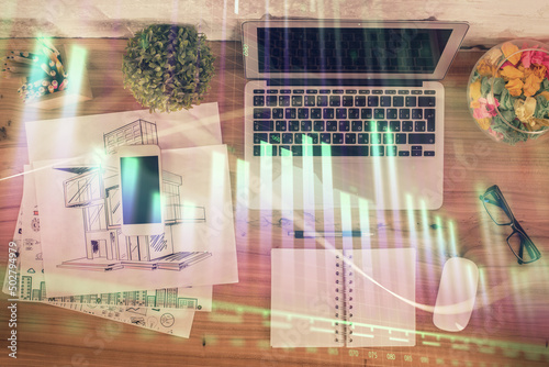 Multi exposure of financial chart drawing over table background with computer. Concept of research. Top view.