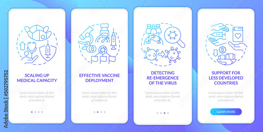 Global fight against covid blue gradient onboarding mobile app screen. Walkthrough 4 steps graphic instructions pages with linear concepts. UI, UX, GUI template. Myriad Pro-Bold, Regular fonts used