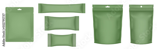 Set of realistic doy pack mockups. Dark green flow pack, sachet, zip bag and doypack. Ice cream wrapper. Sheet mask sachet. Coffee, sause or candy packaging. Khaki