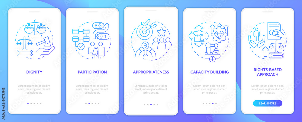 Global cooperation concepts blue gradient onboarding mobile app screen. Walkthrough 5 steps graphic instructions pages with linear concepts. UI, UX, GUI template. Myriad Pro-Bold, Regular fonts used