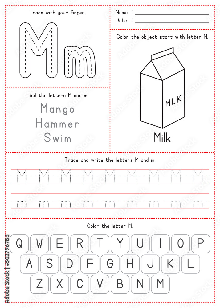 Children Learning Printable Tracing, Coloring, and Writing Alphabet M