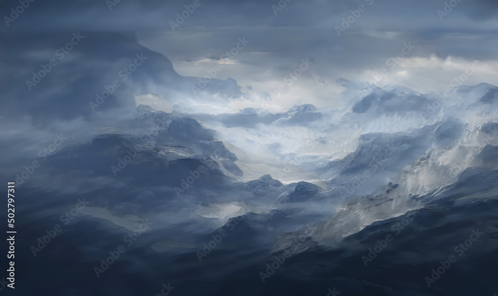 Fantastic Winter Epic Magical Landscape of Mountains. Celtic Medieval forest. Frozen nature. Glacier in the mountains. Mystic Night Valley. Artwork sketch. Gaming background. Book Cover and Poster.