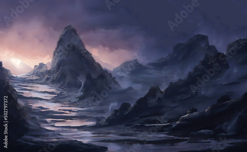 Fantastic Winter Epic Magical Landscape of Mountains. Celtic Medieval forest. Frozen nature. Glacier in the mountains. Mystic Night Valley. Artwork sketch. Gaming background. Book Cover and Poster.