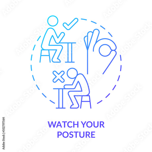 Watch your posture blue gradient concept icon. Keep elbows off table. Restaurant etiquette abstract idea thin line illustration. Isolated outline drawing. Myriad Pro-Bold font used