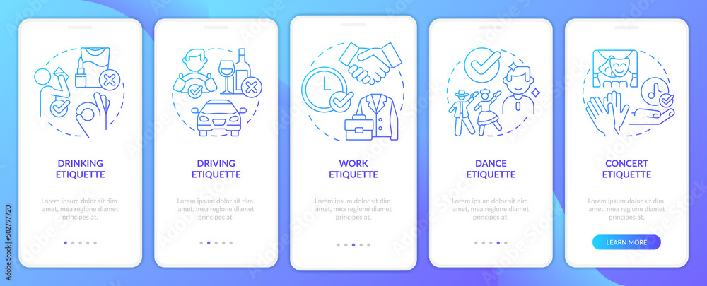 Types of etiquette blue gradient onboarding mobile app screen. Walkthrough 5 steps graphic instructions pages with linear concepts. UI, UX, GUI template. Myriad Pro-Bold, Regular fonts used