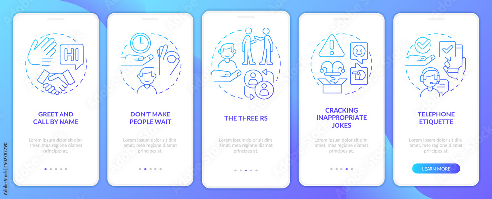 Business etiquette blue gradient onboarding mobile app screen. Walkthrough 5 steps graphic instructions pages with linear concepts. UI, UX, GUI template. Myriad Pro-Bold, Regular fonts used