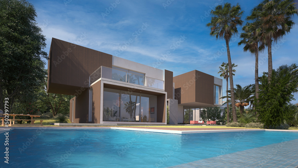 Fototapeta premium Modern villa with pool and exotic garden