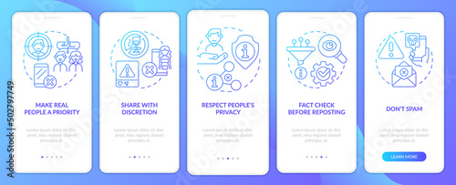 Netiquette rules blue gradient onboarding mobile app screen. Walkthrough 5 steps graphic instructions pages with linear concepts. UI, UX, GUI template. Myriad Pro-Bold, Regular fonts used