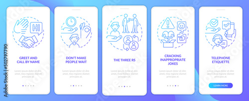 Business etiquette blue gradient onboarding mobile app screen. Walkthrough 5 steps graphic instructions pages with linear concepts. UI, UX, GUI template. Myriad Pro-Bold, Regular fonts used