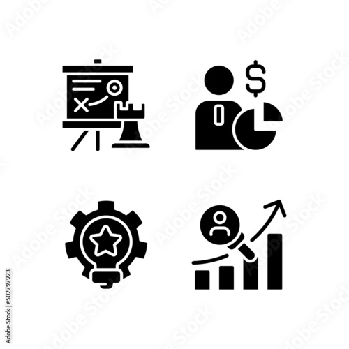 Successful business formula black glyph icons set on white space. Marketing tactics. Joint-stock company. Money-making strategy. Silhouette symbols. Solid pictogram pack. Vector isolated illustration