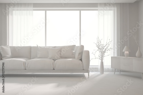 Mock up of stylish room in white color with sofa. Scandinavian interior design. 3D illustration