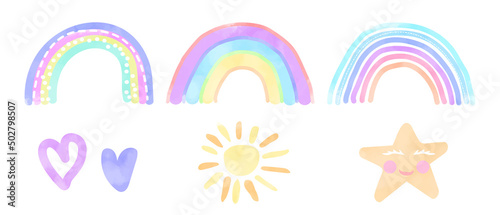 Children's Watercolor Rainbow, Sun, Star and Heart Pastel Hand Drawn Vector Illustration