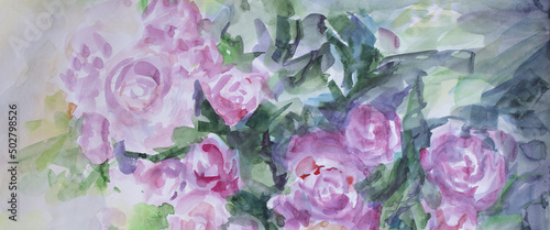 Blooming roses color of season 2022 panorama background. Summer beautiful flowers. Watercolor brush strokes wet texture with smudges.