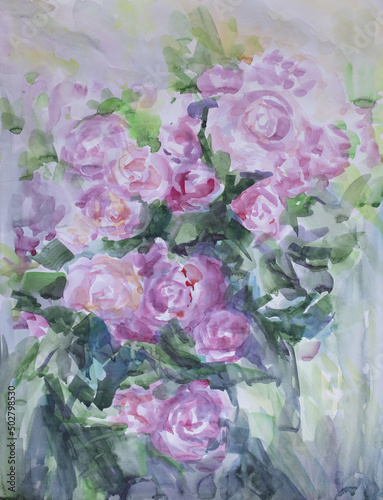 Blooming roses painting color of season 2022. Rose bush nobody fine art illustration. Summer beautiful flowers. Watercolor brush strokes wet texture with smudges.