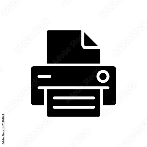 Printer black glyph icon. Office equipment. Electronic device for work purposes. Printing information on paper. Silhouette symbol on white space. Solid pictogram. Vector isolated illustration