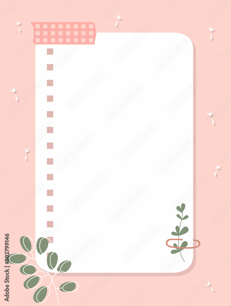 Note paper and leaves of plant on the pink background. A sheet of white paper taped with pink duct tape. Vector illustration, flat style. Note paper and leaves of plant on the pink background. A sheet of white paper taped with pink duct tape. Vector illustration, flat style.