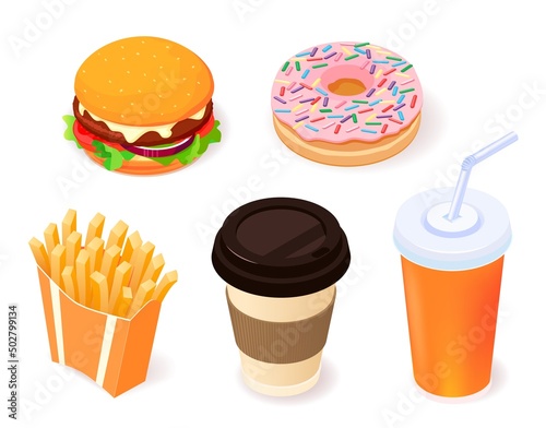 Set of fast food dishes. Cola, coffee, cheesburger, french fries, hot dog, pizza, donut, sandwich, toasts isolated on white background. Breakfast vector illustration in cartoon flat style.