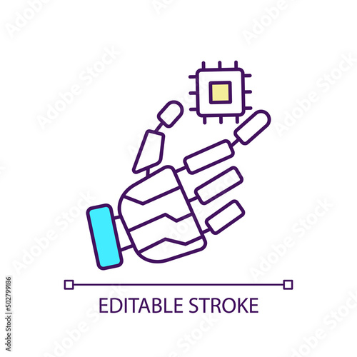 Self aware AI RGB color icon. Artificial intelligence. Futuristic robot. Microcircuit and mechanic hand. Isolated vector illustration. Simple filled line drawing. Editable stroke. Arial font used
