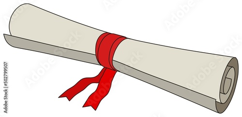 Rolled graduation diploma certificate with red ribbon on isolated background model object flat design vector sign cartoon icon illustration for graduate alumni college and university drawing