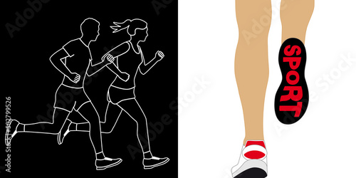 Illustration avec la silhouette d’un couple faisant leur jogging (contour blanc, fond noir) et un gros plan des pieds avec le mot sport écrit sur la semelle de la chaussure (couleur sur fond blanc).
