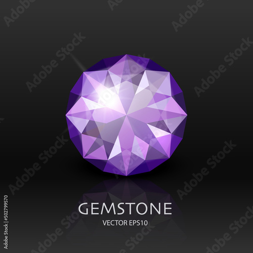 Vector Banner with 3d Realistic Purple Transparent Gemstone, Diamond, Crystal, Rhinestones Closeup on Black. Jewerly Concept. Design Template, Clipart
