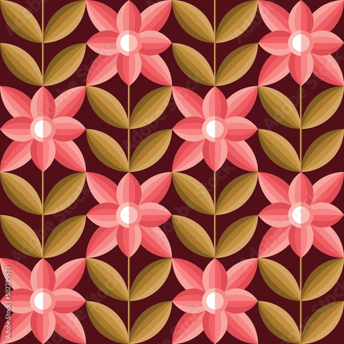 Pink flowers background in vintage colors. Floral abstract geometric seamless pattern. Vector illustration. 