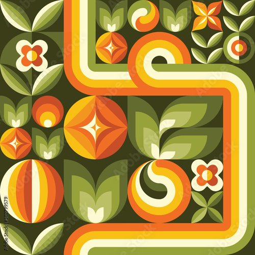 Background fruits, flowers and green leaves nature. Abstract geometric seamless pattern. Decorative ornament in flat design style. Ripe harvest banner. Floral backdrop. Organic vegetables product. 