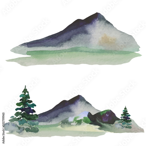 mountain landscape, mountains in the fog, watercolor illustration