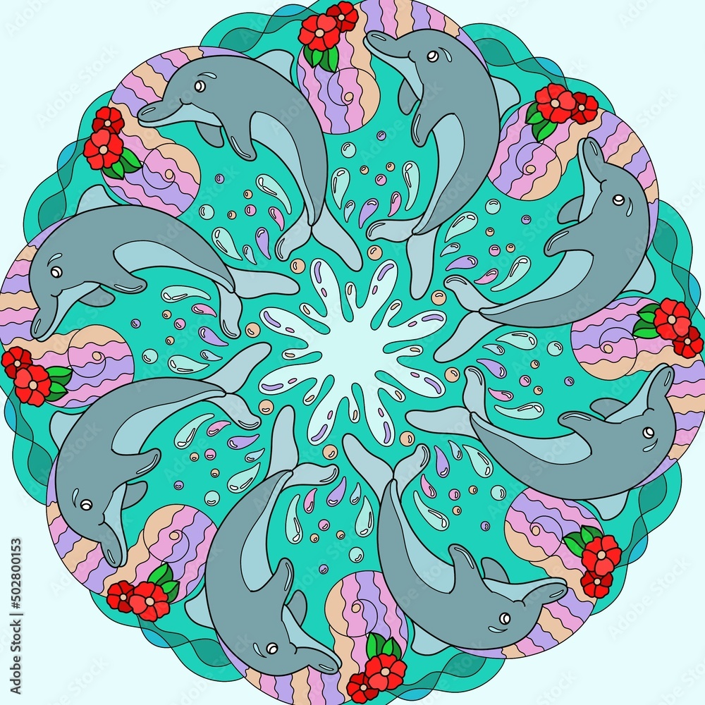 Obraz premium Coloring mandala marine theme. Dolphin jumping out of the wave.Variant in color