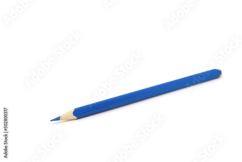 Blue wooden pencil, on a white background. Side view