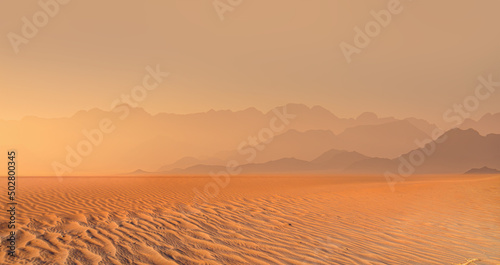 Panoramic view of orange sand dune desert with orange mountains and hill - Namib desert, Namibia