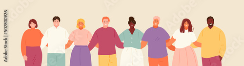 Group of hugging people of different nationality. Unity and support, friendship vector illustration