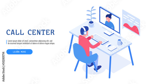 Concept of call center. Male operator communicates with a client. Isometric vector illustration.