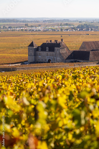 Le chateau du Clos de Vougeot, siège de la Confrérie des Chevaliers du Tastevin classé au patrimoine mondial de l’Unesco, au coeur de la route des Grands Crus de Bourgogne, en Côte-d’Or, en automne