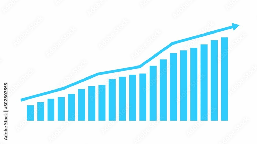 Animated financial blue growth chart with trend line graph. Growth bar chart of economy. Vector illustration isolated on white background.