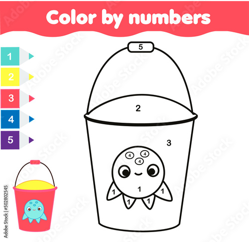 Coloring page with beach bucket. Color by numbers picture for toddlers and kids. Educational children game for summer holidays theme