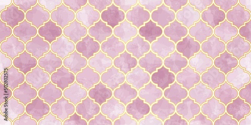 Moroccan Seamless Pattern. Turkish Mosque Window Shape. Arabic Mosaic Watercolor Ornament Background. Eid Mubarak Muslim Decoration. Ramadan Kareem Islamic Illustration