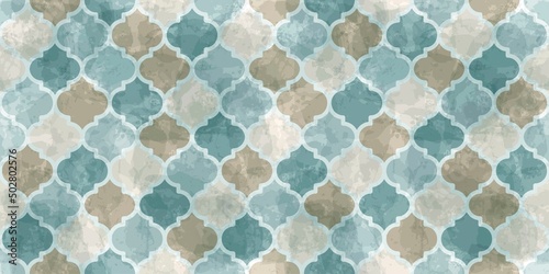Moroccan Seamless Pattern. Turkish Mosque Window Shape. Arabic Mosaic Watercolor Ornament Background. Eid Mubarak Muslim Decoration. Ramadan Kareem Islamic Illustration