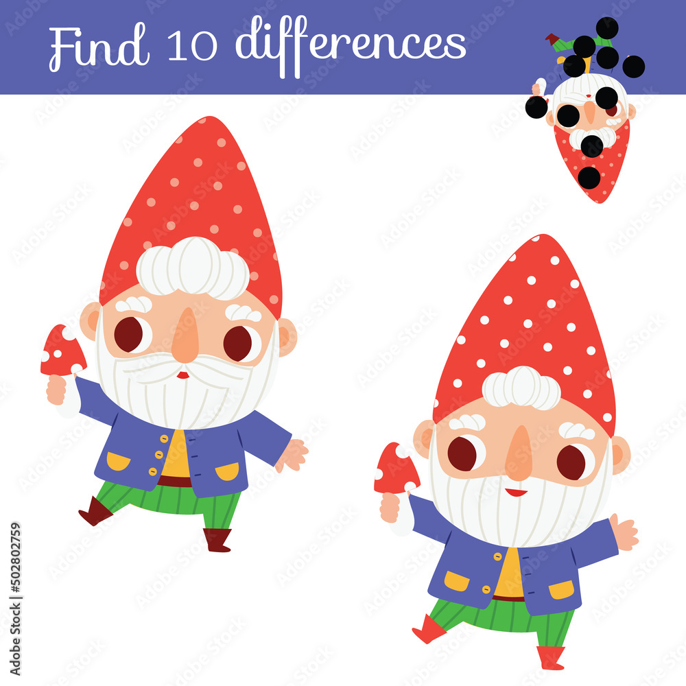 Find the differences in picture of gnome. educational children game