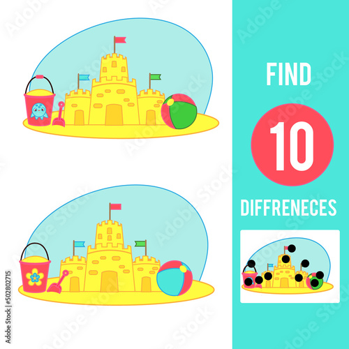 Find the differences educational children game. Kids activity with sand castle