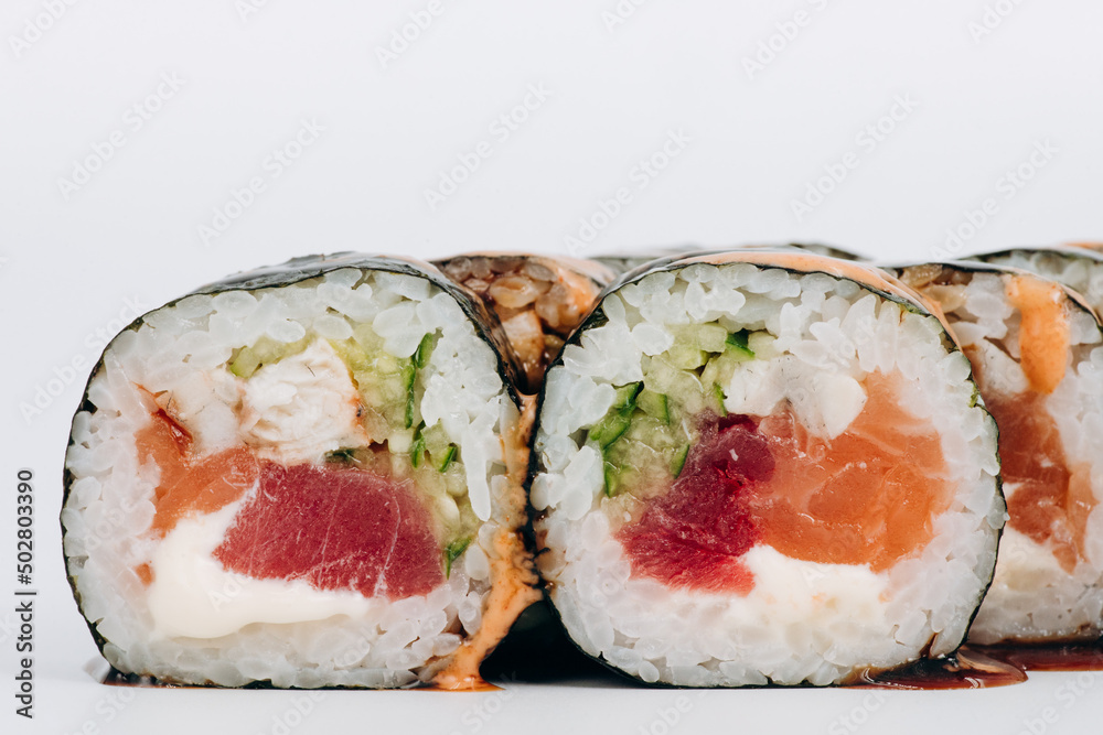 sushi rolls fish on a white background. restaurant menu