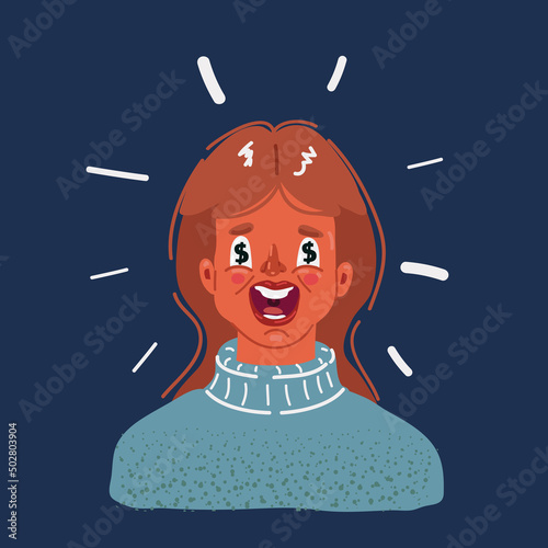 Cartoon vector illustration of portrait of shocked surprised girl seeking out much money with wide open eyes